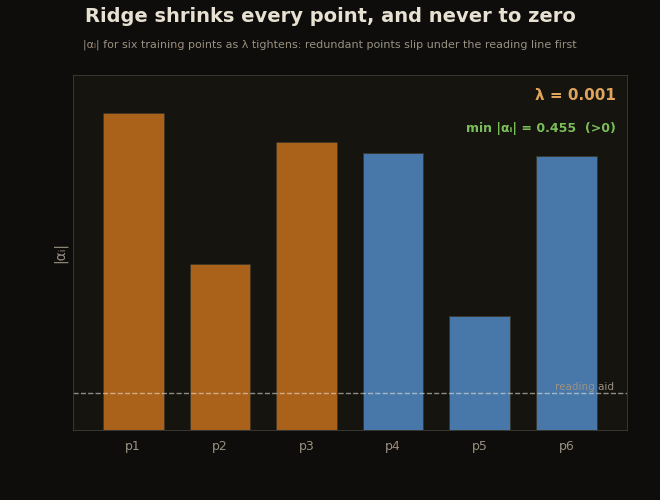 Six coefficient bars all sinking smoothly as lambda tightens, the two redundant points slipping under a dashed reading-aid line first, none reaching zero