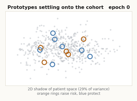 Prototype rings drifting across a 2D projection of the patient cloud over training epochs, colored orange where they raise risk and blue where they protect
