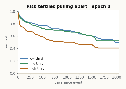 Three Kaplan-Meier survival curves for low, mid and high risk tertiles starting nearly overlapping and separating over training epochs
