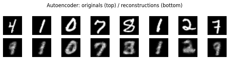 Autoencoder reconstructions: original MNIST digits (top row) and their reconstructions through the bottleneck (bottom row)